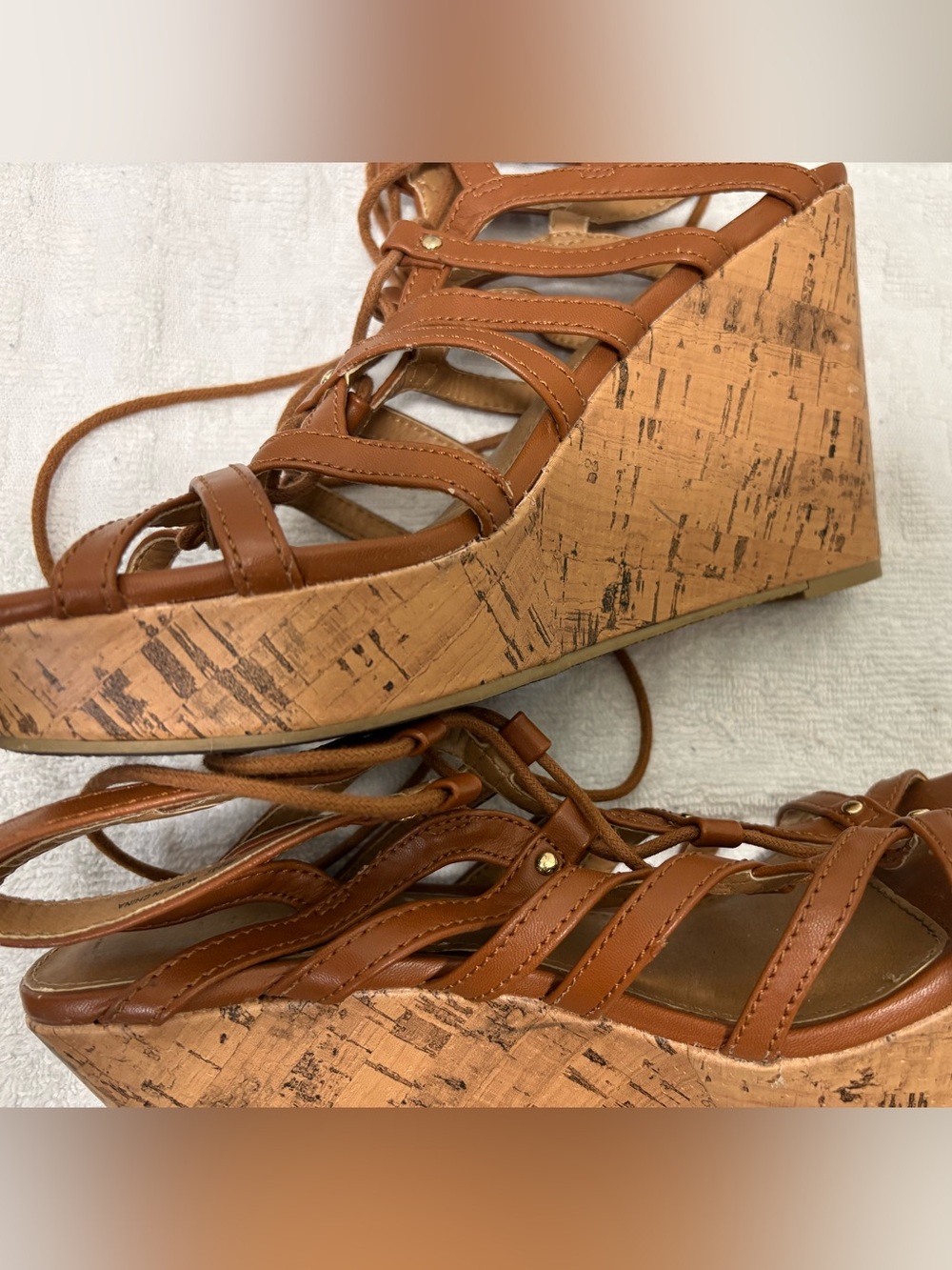 Brash Cognac Strappy Lace-Up Gladiator Cork Wedge Sandals - Picture 2 of 5